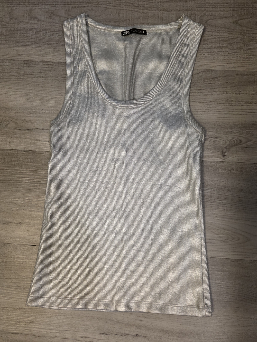 Zara Silver Metallic Ribbed Racerback Tank Top Size S